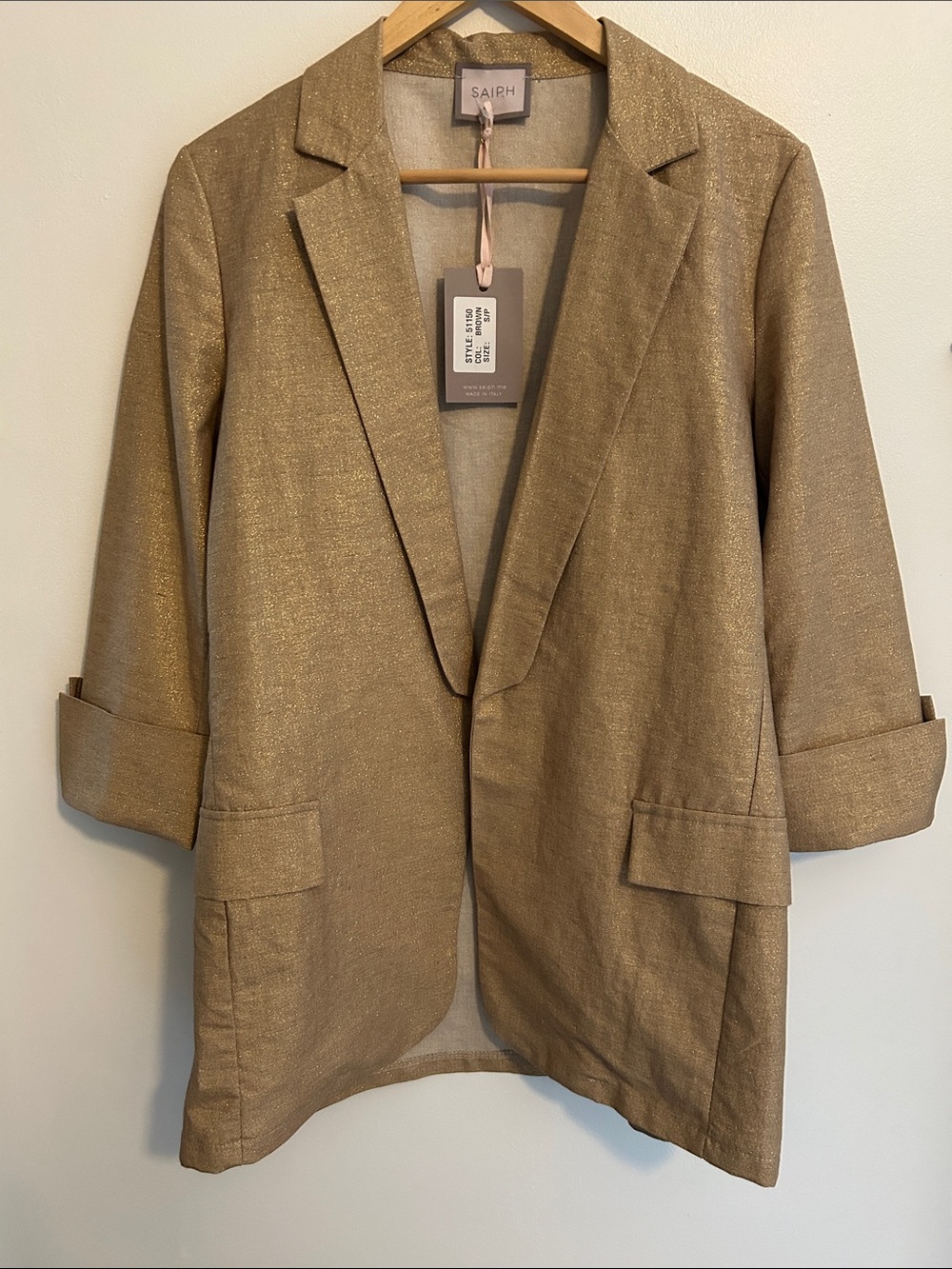 Gold Sparkle Open-Front Linen Blend Blazer Made in Italy - Picture 6 of 12